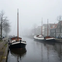 a foggy dutch canal with tall ships and steamboats. volumetric lighting and thick fog. god rays. morning sun.