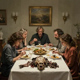 a magnificent masterpiece artwork depicting a sad family eating a dead body at a dinner table, by laurie lipton, by francisco goya, trending on artstation, cinematic, highly detailed, 8 k,