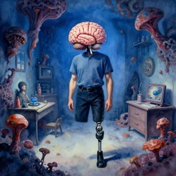 watercolor human amputee headless vhs brain in 1 9 9 0 fungal apartment, by richard m powers, bernie wrightson, fine art masterpiece baked at 3 0 0 f, matte painting, low fluorescent blue lighting, photorealistic render, cinematic,
