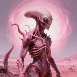 surreal portrait of abandoned ribbed pink alien covered with spinal spiky pink tentacles, in wastelands on pink exoplanet, iredescent soft glow bloom effect, dream - like, baroque portrait painting, perfect composition, beautiful detailed intricate octane render, artstation, 8 k, photorealistic, volumetric cinematic light, chiaroscuro, masterpiece, raphael, caravaggio, beksinski, giger