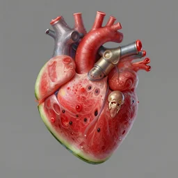 a giant heart made of watermelon, exoskeleton, technology, chimeric, elegant, highly detailed, digital painting, artstation, concept art, smooth, sharp focus, illustration, art by krenz cushart and artem, demura and alphonse mucha
