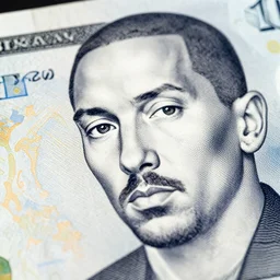 close-up on banknote with intaglio style face of eminem