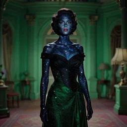 A woman whose skin is literally made out of space. Her skin looks like stars. Her body looks like the night sky. She is literally the universe. She is wearing a black and green dress, and standing inside a green mansion. A still from the movie Midnight Crew and the Felt (1946).
