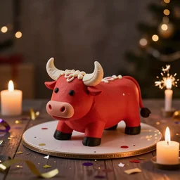 cake in shape of a bull in a dim lit festive room, red colored bull, photography, 8 k, featured on flickr, birthday candles, candle sparkles, confetti, joyful