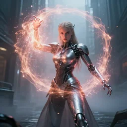 cyborg sorceress casting a magical spell, scifi, special effects, cinematic lighting, atmosphere, sparks, energy shield, highly detailed, futuristic street, foggy weather, masterpiece, artstation, art by eddie mendoza and leif heanzo