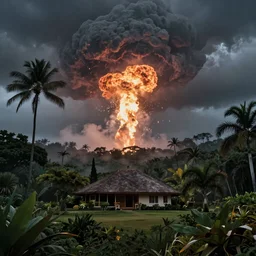 atomic blast over a Hawaiian villa in the middle of an tropical forest, ominous Sky, gloomy atmosphere, cinematic, mist, High definition, 8k, ultra detailed
