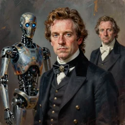 realistic portrait beautiful painting from scene in the terminator movie, when robot turned into british 1 9 th century aristocrats. horror, created by thomas kinkade and gustave courbet, fine draw, high detailed, fine lighting, smooth draw, no anomaly.