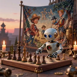 a beautiful tapestry, a small robot playing 3 d chess, ultra detailed, atmospheric lighting, sunset, steampunk, moody, candles, characters from machinarium, by don bluth, trending on artstation, octane render, 8 k, ultra realistic
