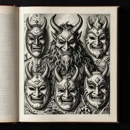 scan of book with intricate ink drawings of tyrolean folklore masks, krampus, scary dark, dark ink, old paper