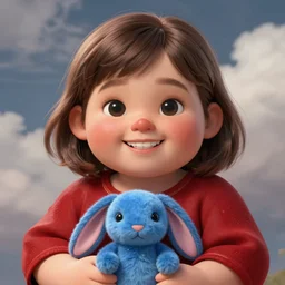 beautiful portrait of a chubby!!! young girl with front buck teeth!! wearing a scarlet red tunic and holding a celestial blue bunny plush, detailed deep black eyes, round face, pointy rosy nose, short medium brown hair, cloudy background, trending on artstation, sharp focus, illustration, caustics, octane render, 4 k, radiant light, art by wlop and artgerm