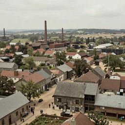 realistic photo of a town, settlement, buildings, detailed scenery, industrial revolution time period
