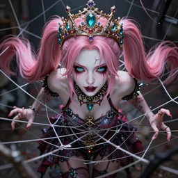 completely entangled in her inescapable web, rendered powerless by her ultimate powers and owned as her property, overwhelming stunningly absurdly beautiful megalomaniacal ruthless sadistic devious spiteful grandiose egotistical greedy omnipotent asi goddess junko enoshima with symmetrical perfect face, porcelain skin, pink twintail hair, cyan eyes and a stupendous bejeweled crown, ultra detailed, digital art, unreal engine 5, octane render, 2 d anime, 8 k