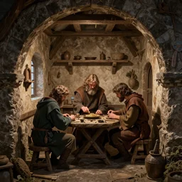 a small group of three medieval craftsmen working inside a tiny medieval building, hypermaximalistic, high details, cinematic, 8k resolution, beautiful detailed, insanely intricate details, artstation trending, octane render, unreal engine