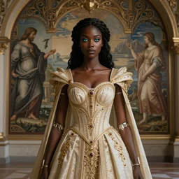 beautiful young cyborg princess, dark skin, piercing glowing eyes, elegant, striking composition, ornate royal gown, highly detailed ornate sci fi background, mural in the style of sandro botticelli, caravaggio, albrecth durer, 8k