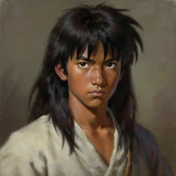 prompt : portrait soft light painted by james jean and katsuhiro otomo and erik jones, inspired by akira anime, epic fantasy, a young long haired peasant boy with dark skin, brown skin, a dark complexation in plain fantasy clothing with intelligent eyes, intricate oil painting, high detail illustration, sharp high detail, manga and anime 1 9 9 9
