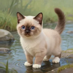 a painting of a cute light beige kitten with dark brown ears and face and legs and tail and white paws at a river. character design by cory loftis, fenghua zhong, ryohei hase, ismail inceoglu and ruan jia. volumetric light, detailed, rendered in octane