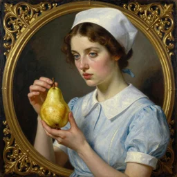 dynamic composition, a painting of a nurse with blue eyes and brown hair looking at a pear , a surrealist painting by Tom Bagshaw and Jacek Yerga and Tamara de Lempicka, featured on cgsociety, pop surrealism, surrealist, wiccan, pre-raphaelite, ornate gilded details