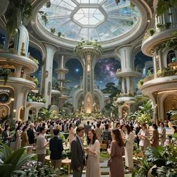 very very beautiful portrait of a utopian society, in harmony with nature, solarpunk, community celebration, with detailed realistic smiling faces, surrounded by advanced elegant factory machinery, galaxy and stars visible through the hexagonal glass roof, biomechanical, golden ratio, elegant, visionary, streamlined, elite, lush, atmospheric, volumetric lighting, haunting, wide angle, cinematic, trending on artstation, unreal engine, 8k, vivid and vibrant