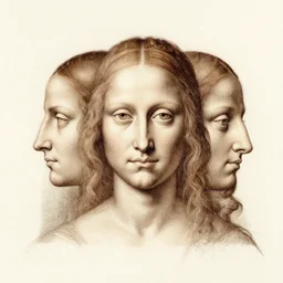 head with three faces creature, drawn by da vinci