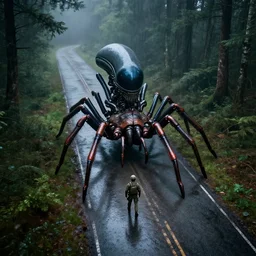 drone photo of soldier against huge alien arachnoid bug on the old road in the forest lomography photo, playstation 5 screenshot, fine details, rain, rtx reflections, fog, night, photorealistic, unreal engine, octane render, volumetric light, featured on cg society, 4 k, 5 0 mm bokeh
