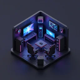 an isometric render of a cyberpunk gaming room. view from above, isometric, dark background, soft shadows, neon lights. rendered in blender with eevee. concept art, 4 k