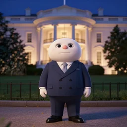 nighttime shot of president meowth wearing double breasted suit standing in front of white house looking at camera high resolution pixar