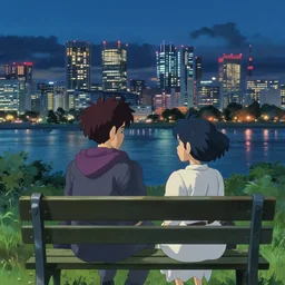 two lovers sitting on a park bench, man with a purple hood and brown hair, pretty girl with blue hair, looking at the neo - tokyo skyline across the river, at night, in the style of studio ghibli, ilya kuvshinov