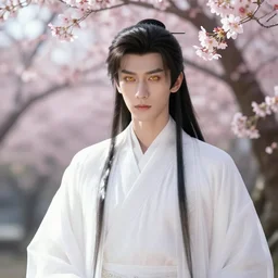 a portrait of a young beautiful prince, golden eyes, long black hair, white hanfu, elegant, intricate, backlit, incredible lighting, strong rim light, subsurface scattering, photorealistic anime, epic beautiful landscape, cherry trees, highly detailed, digital painting, by Heise Jinyao, Heise-Lian Yan Fang, Feimo, Rossdraws, HDRI, vivid colors, high contrast, 8k