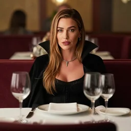 hailey baldwin as a vampire, sitting down behind table, restaurant, photography