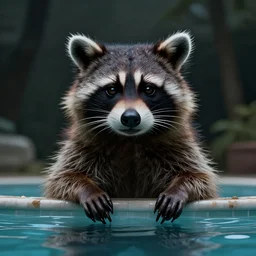 monster raccoon in public pool horror movie poster, horrific and creepy