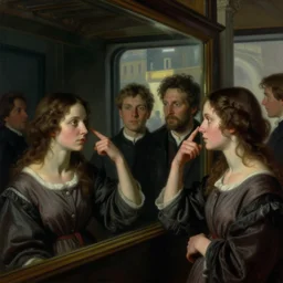 twins, sisters, in the void, by the mirror, train station, woman poking tv in her head edward hopper and james gillard, zdislav beksinski, high detail alex colville, otto mueller, stephen conroy, sandro botticelli, andrew newell wyeth, daniel meidman jussi picho octane rendering