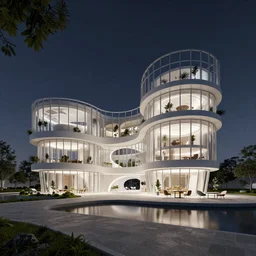 sustainable floating architecture by frank gehry, curve, beautiful landscape, night view, flurry, 8 k, with furniture, octan render, unreal 5