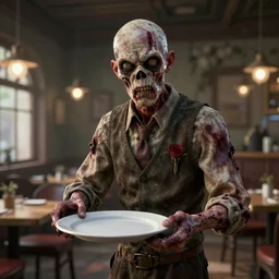 waiter angry zombie, detailled portrait, restaurant interior, feeling of grimdark horror, daytime, high contrast, ultra intricate detailed, octane render, unreal engine, style of a dusk falls