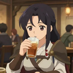 anime visual portrait of a female warrior drinking in a busy medieval tavern interior, cute face by ilya kuvshinov, yoh yoshinari, dynamic pose, dynamic perspective, flat, mucha, rounded eyes, moody, psycho pass, kyoani, paprika, anime proportions, masakazu katsura