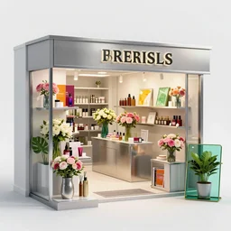 flower retail shop, cosmetic, stainless steel and color glass, frame magazine