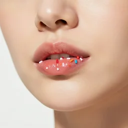 a women with cake sprinkles on her lips, trending on Instagram, extreme closeup