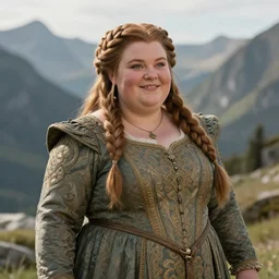 beautiful dwarven lady wearing an elegant brocade dress in the mountains, by jeff easley, dungeons and dragons, lord of the rings, intricate, ultrarealistic, cheerful, complex braided hair, chubby and plump, big nose, sharp focus, sunlight, soft lighting