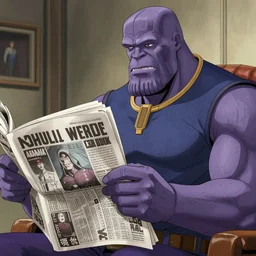 Thanos is reading a newspaper, by Shinji Aramaki