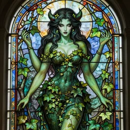 a beautiful and detailed stained glass window of an amazing succubus dressed as poison ivy with green skin, fantasy, d & d, dark eyeliner, intricate, elegant, highly detailed, digital painting, artstation, concept art, matte, sharp focus, illustration, art by greg rutkowski and alphonse mucha
