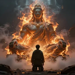 a man kneeling before a gigantic god - like figure wrapped in smoke and flames. low - angle. artstation. digital art.