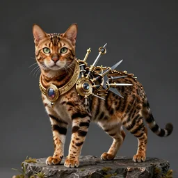 a bengal cat with weapons attached, unreal engine, insanely detailed, intricate, elegant, artstation