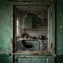 medium format photograph through an old torn and ripped screen door is a dilapidated kitchen, screen is in focus, dimly lit, distressed venetian green plaster walls, liminal space, haunting atmosphere, gothic, photorealistic, hyperdetailed 3 d matte painting, hyperrealism, hyperrealistic, cinematic, silent hill, horror style, unrealengine, octane render