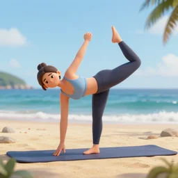 woman doing yoga on the beach, 3d render, unreal engine, cgsociety, trending on artstation