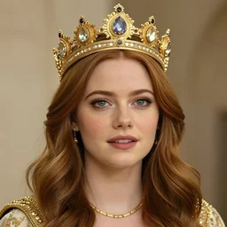 A portrait of Emma Stone wearing a golden Arabian crown , royality, high quality, fully detailed, 4k