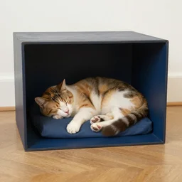 cat sleeping in donald judd box sculpture