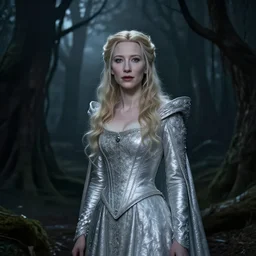 portrait of ((mischievous)), baleful young Cate Blanchett as young Galadriel as a queen of fairies, dressed in a beautiful silver dress. The background is a dark, creepy eastern europen forrest.  night, horroristic shadows, high contrasts, lumnious,  photorealistic, dreamlike, (mist filters), theatrical, character concept art by ruan jia, thomas kinkade, and J.Dickenson, trending on Artstation
