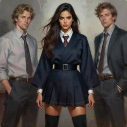 a beautiful woman with school uniform, seifuku, pleated miniskirt, overknee socks, adriana lima, painted by artgerm and tom bagshaw, fantasy art, dramatic lighting, highly detailed oil painting, volumetric lighting