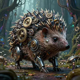 giant intricate mechanical hedgehog with cybernetic enhancements and visible gears, on the background of a weird magical mechanical forest. Very detailed 8k. Fantasy cyberpunk horror. Sharp. Cinematic post-processing. Unreal engine. Nanite. Ray tracing. Parallax. Tessellation