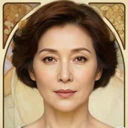 hyper-realistic detailed face portrait of Mature woman by Alphonse Mucha, Ayami Kojima, Amano, Charlie Bowater, Karol Bak, Greg Hildebrandt, Jean Delville, and Mark Brooks, Art Nouveau, Neo-Gothic, gothic, rich deep moody colors