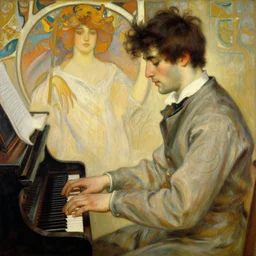 attractive man, playing piano, painting by gaston bussiere, craig mullins, greg rutkowski, alphonse mucha